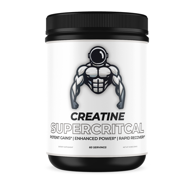 Creatine Monohydrate, In a black bottle, the logo is a strong astronaut.