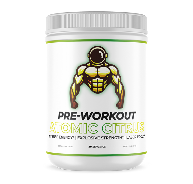 Citrus flavored Pre workout, in a white container, the logo is of a strong astronaut.