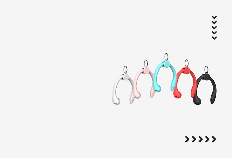 Black, White, Pink, Blue, and Red AirPod Pro ear hooks with Keychain attachments for storage