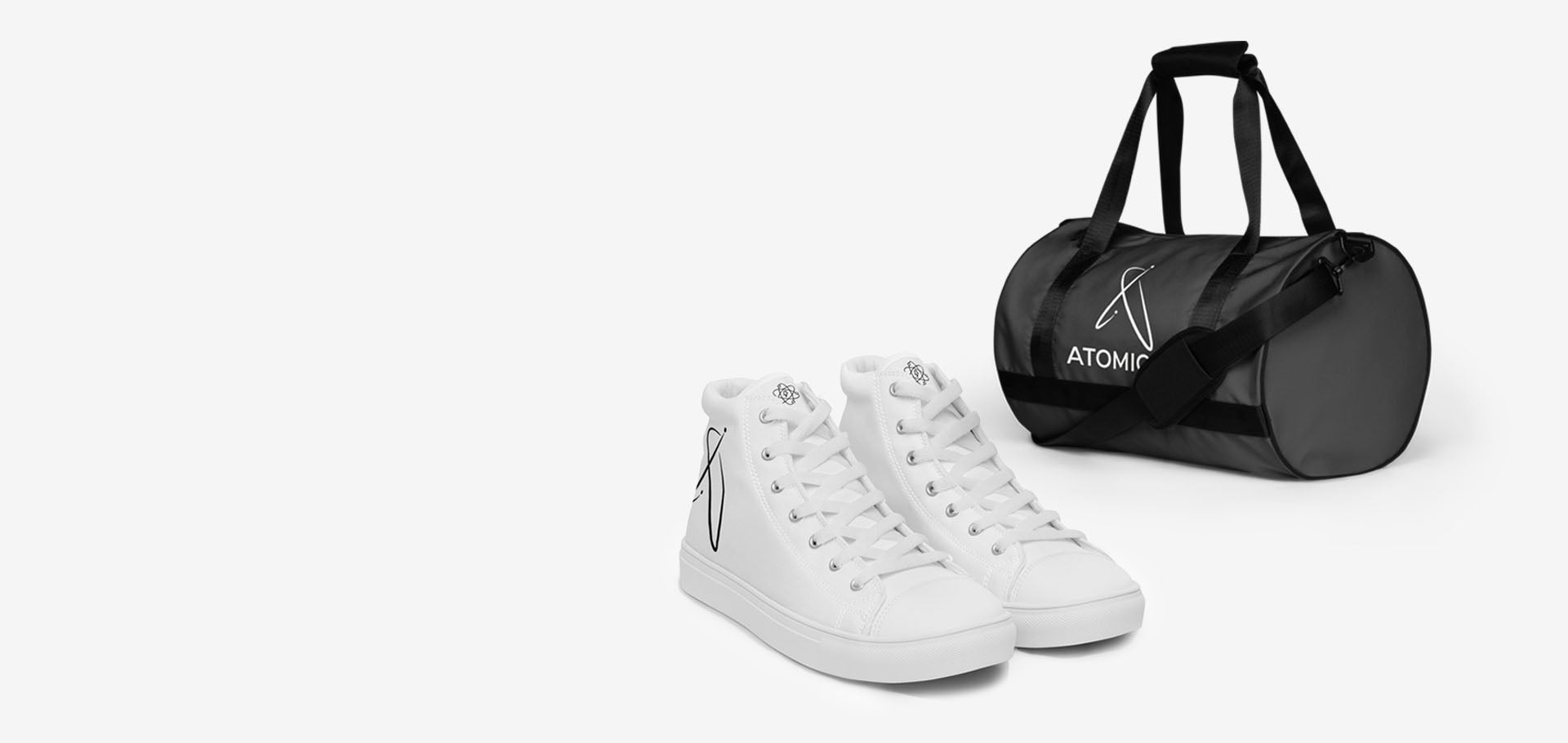 Atomical White Canvas Shoes and Black Gym Bag