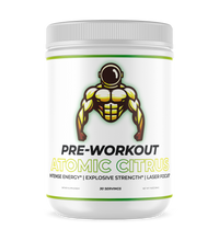 Citrus flavored Pre workout, in a white container, the logo is of a strong astronaut.