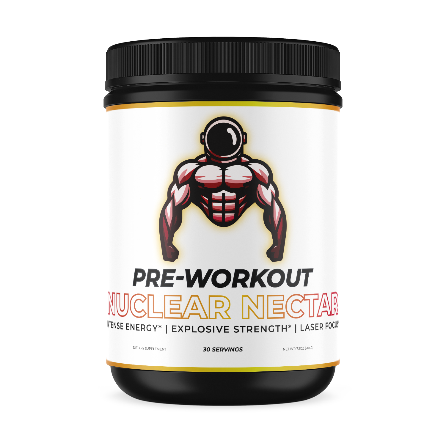 Fruit punch flavored Pre workout, in a black container, the logo is of a strong astronaut.