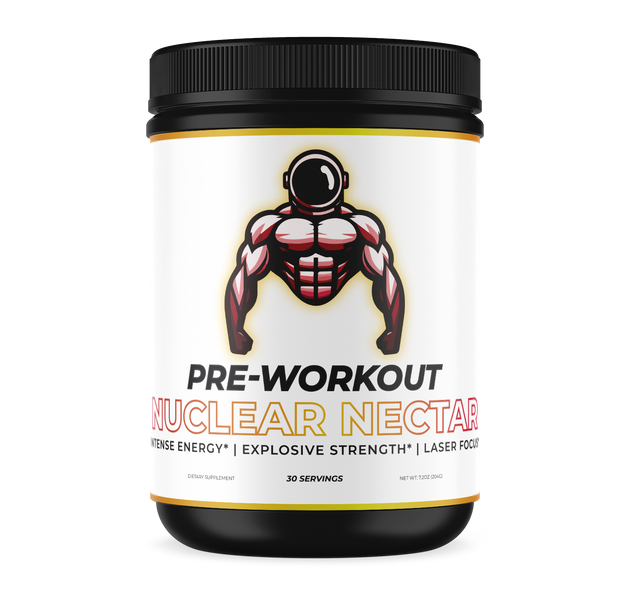 Fruit punch flavored Pre workout, in a black container, the logo is of a strong astronaut.