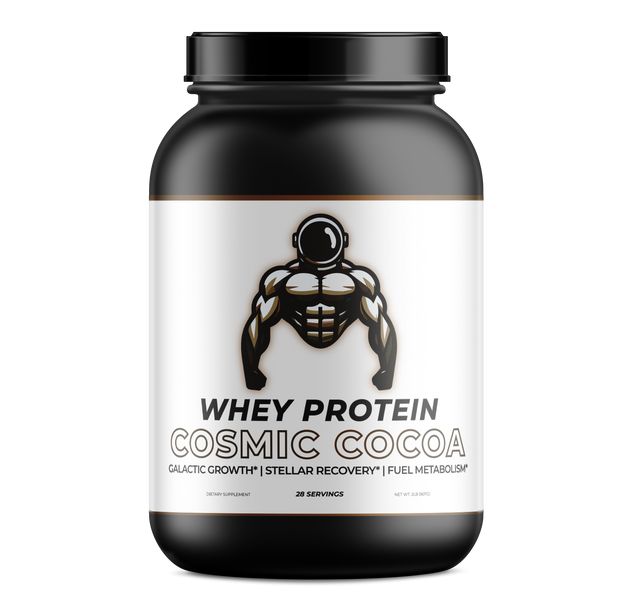 Chocolate flavored whey protein, in a black container, the logo is of a strong astronaut.