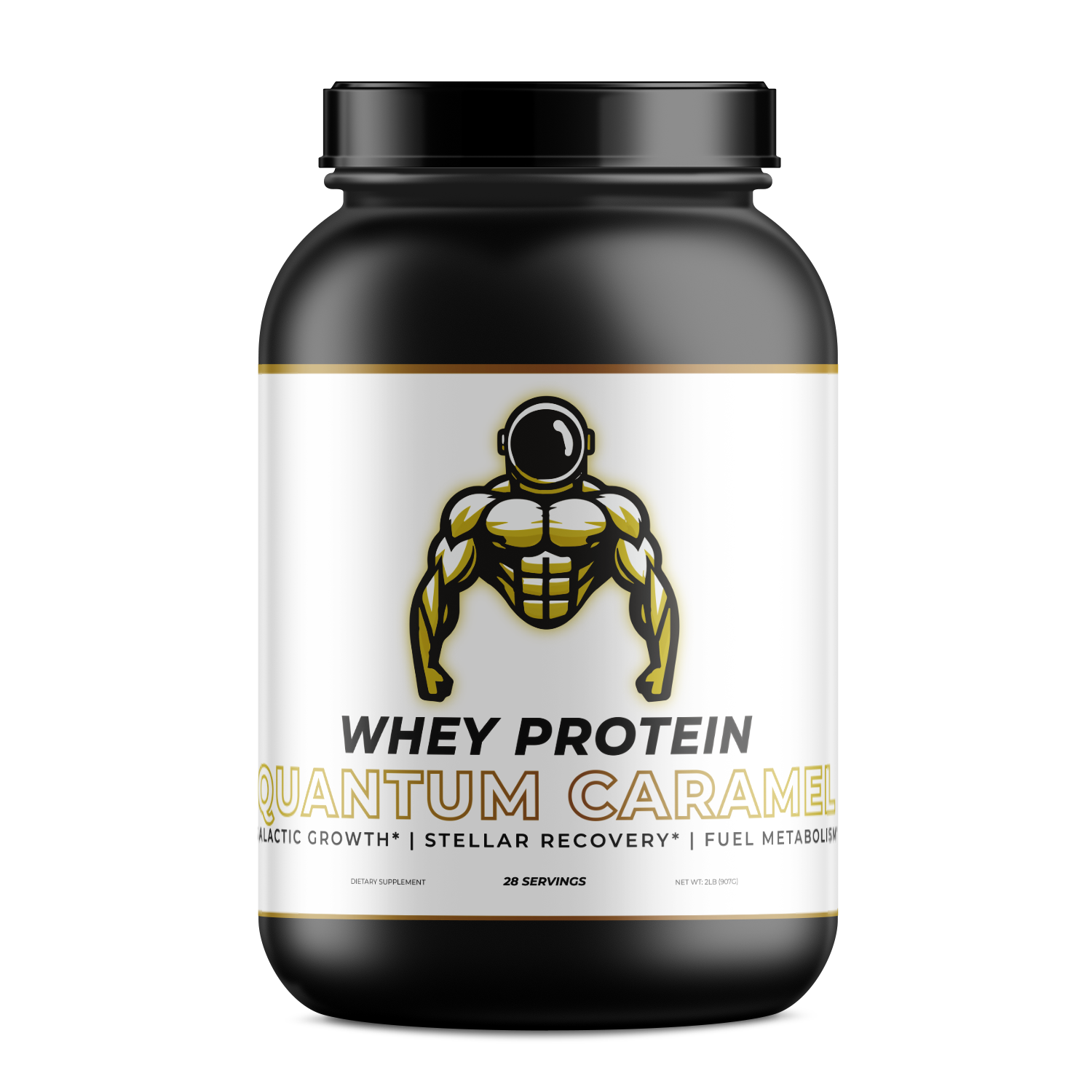 Caramel flavored whey protein, in a black container, the logo is of a strong astronaut.