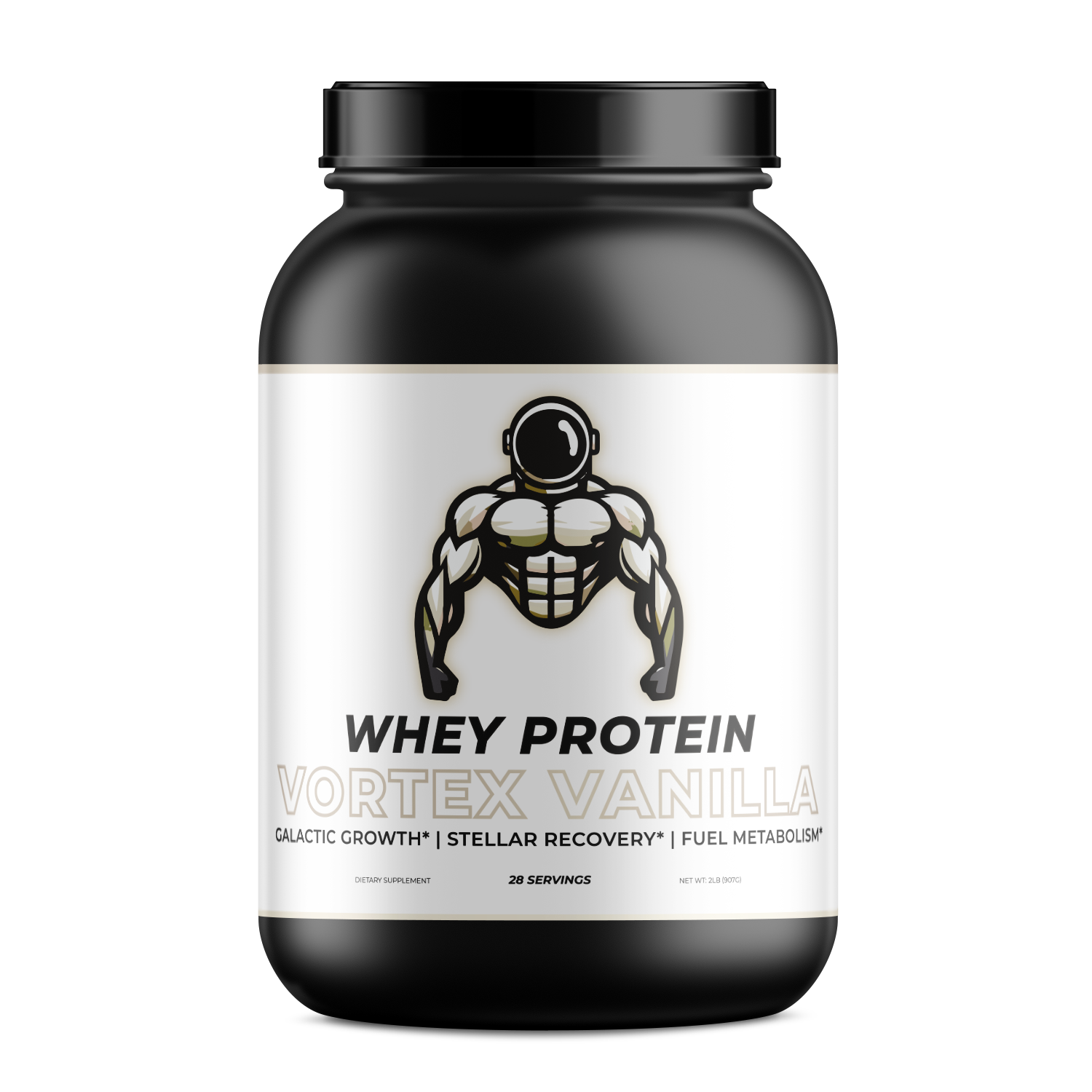 Vanilla flavored whey protein, in a black container, the logo is of a strong astronaut.