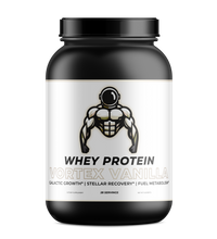 Vanilla flavored whey protein, in a black container, the logo is of a strong astronaut.