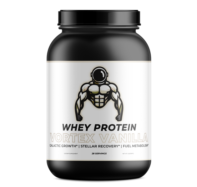Vanilla flavored whey protein, in a black container, the logo is of a strong astronaut.