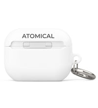 Back view of a White Atomical AirPod Pro Gen 2 Hard Plastic case, with atomical logo, with key chain and clip.