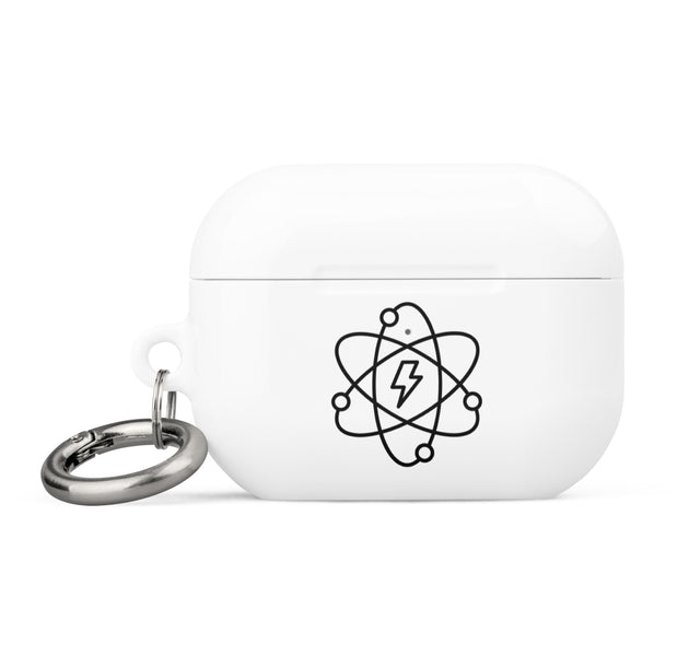 White Atomical AirPod Pro Gen 2 Hard Plastic case, with atomic energy logo, with key chain and clip.