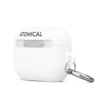Back right view of a white Atomical AirPod ProgGen 2 Hard Plastic case, with black atomical word logo, with key chain and clip.