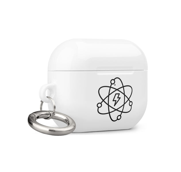 White Atomical AirPod Pro Gen 2 Hard Plastic case, with atomic energy logo, with key chain and clip.