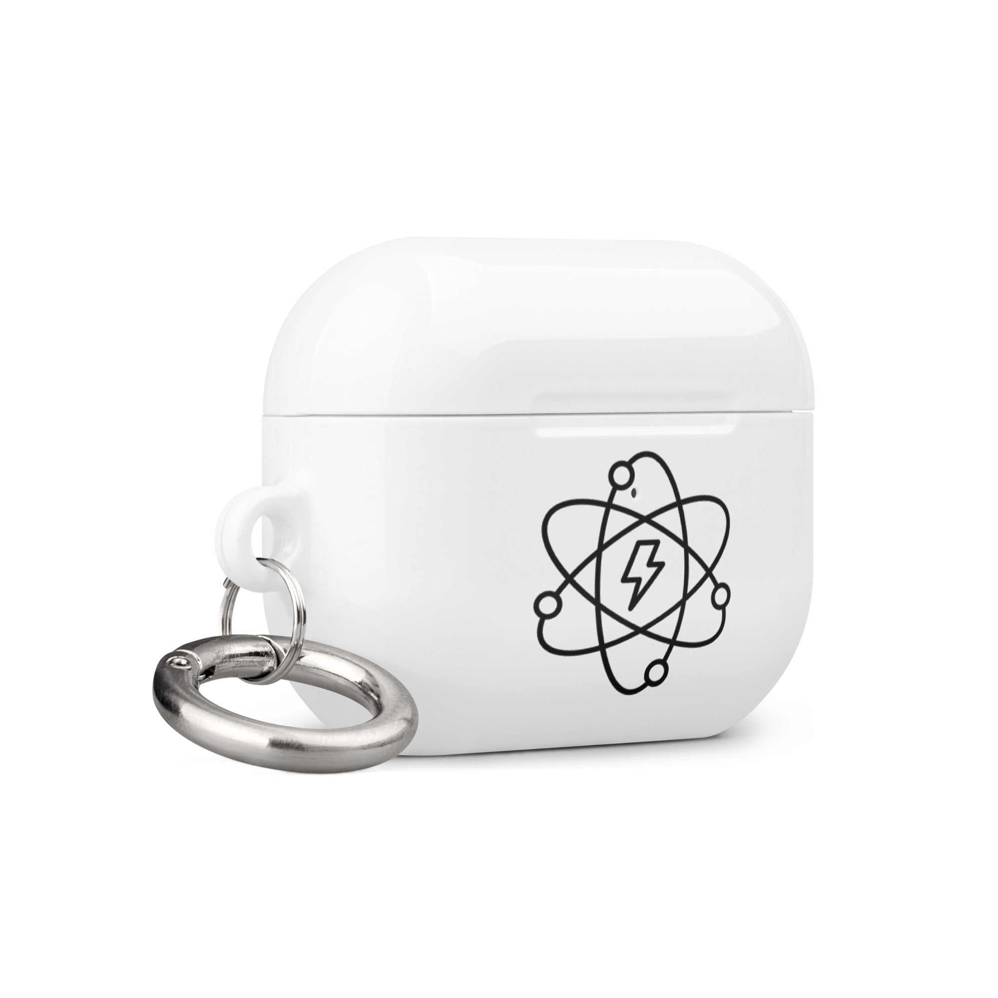 Left View of White Atomical AirPod Pro Gen 2 Hard Plastic case, with atomic energy logo, with key chain and clip.